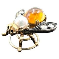 18k Yellow Gold and Silver Custom Made Citrine, Pearl and Rose Cut Diamond Bee P