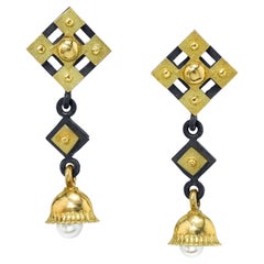 18K Yellow Gold and Silver Dangle Earrings with Pearls