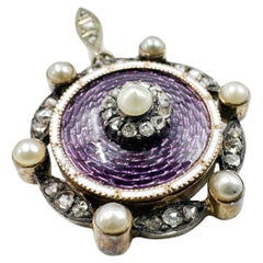 18k Yellow Gold And Silver Pearl Diamond and Enamel Mourning Pendant