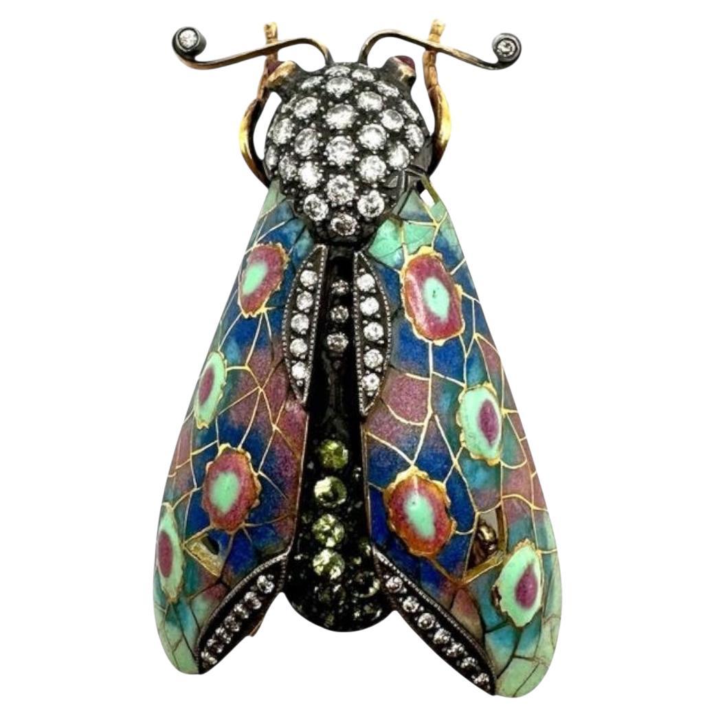 18K Gelbgold und Silber Plique-à-Jour Emaille Insekt Pin