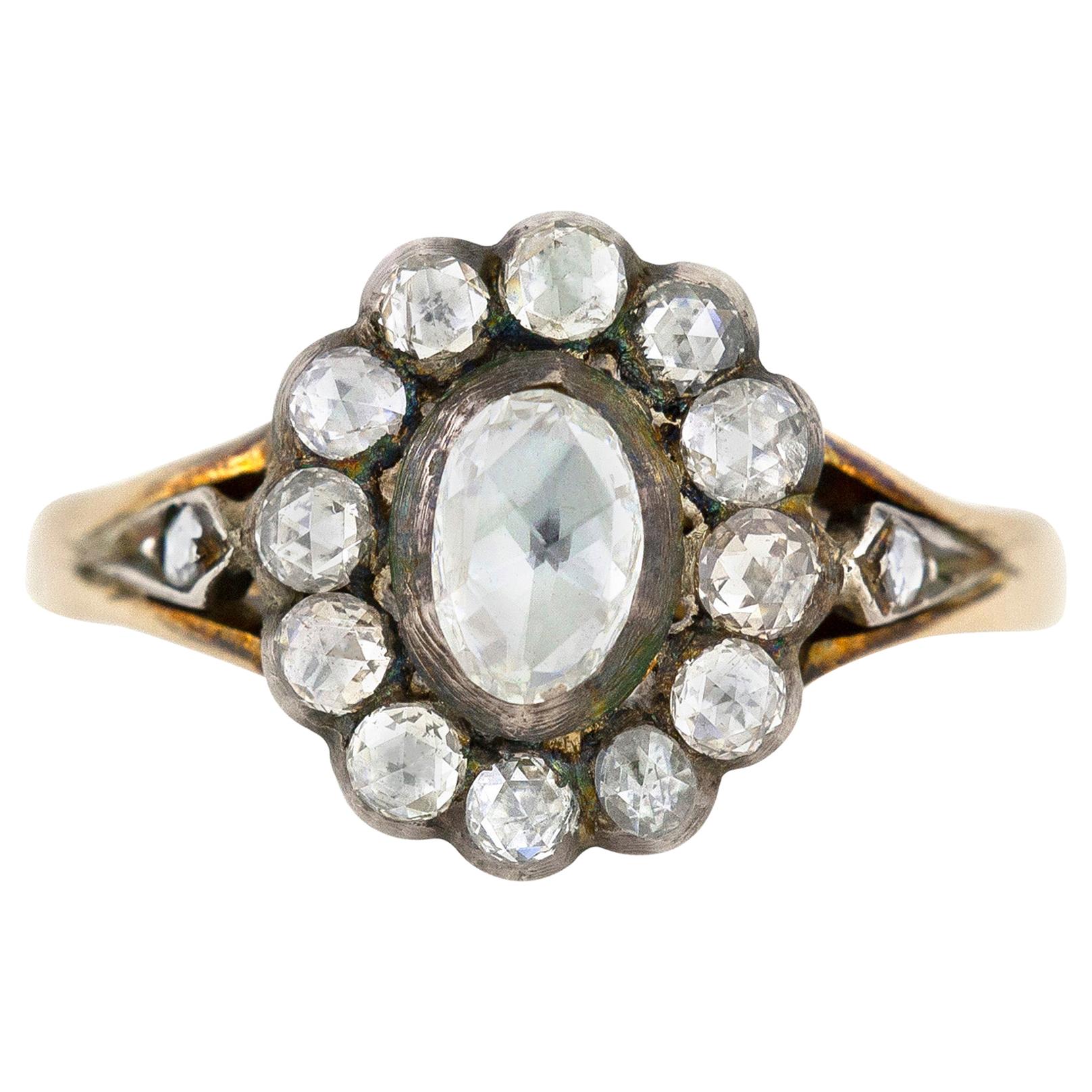 2.20 Carat Diamond Yellow Gold and Silver Ring For Sale