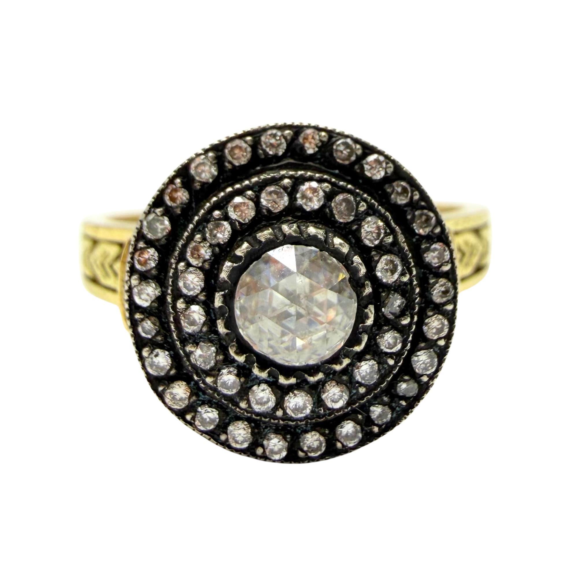 Taglio a rosa Anello in oro giallo 18K e argento con diamante taglio rosa da 0,30 carati - misura 7,75 in vendita