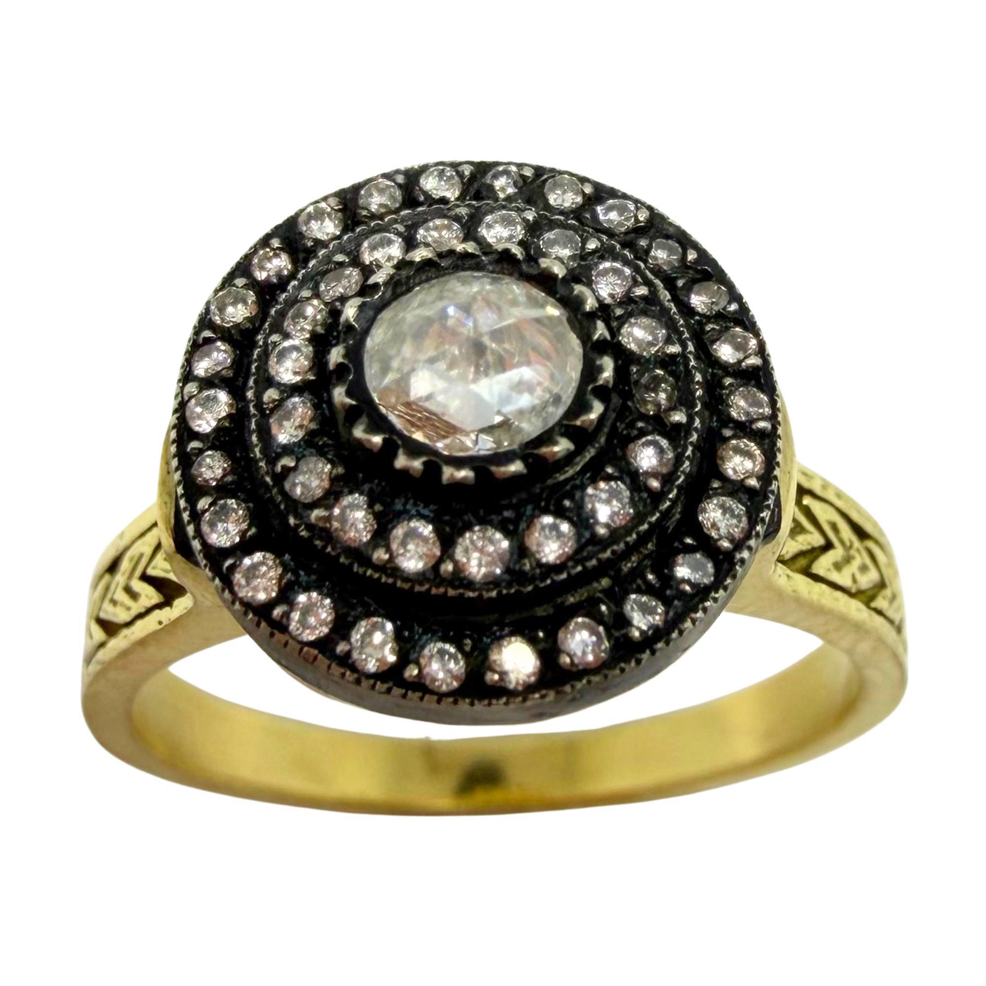 da uomo o donna Anello in oro giallo 18K e argento con diamante taglio rosa da 0,30 carati - misura 7,75 in vendita