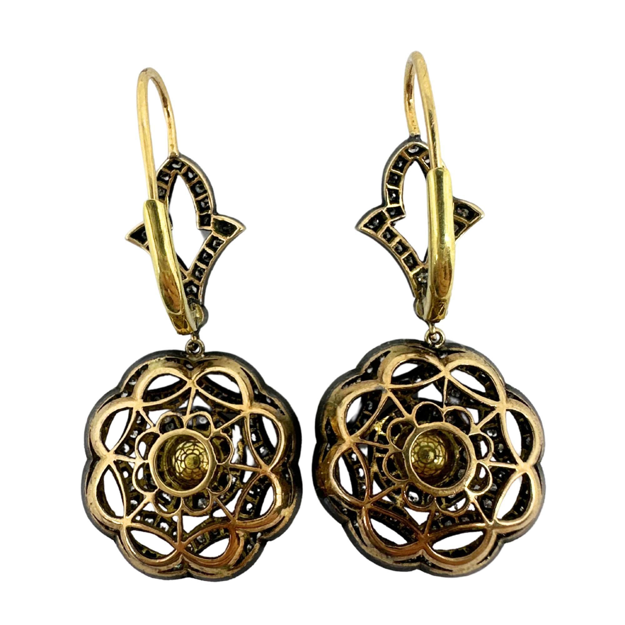 De las mujeres Pendientes de gota de diamante talla rosa superior de oro amarillo de 18 quilates y plata en venta