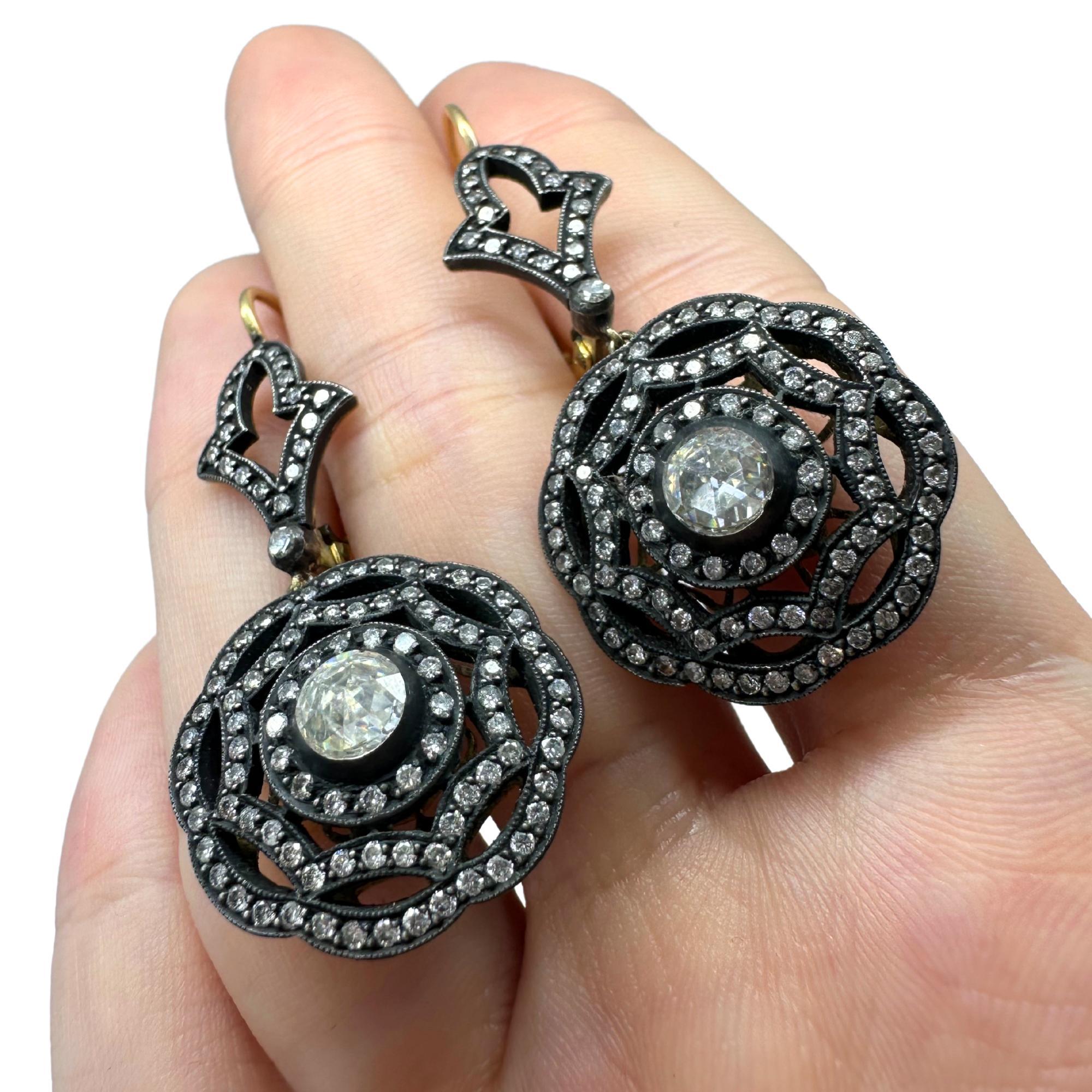 Pendientes de gota de diamante talla rosa superior de oro amarillo de 18 quilates y plata en venta 4