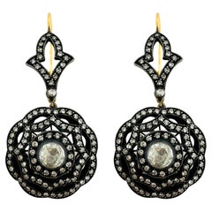 18K Yellow Gold and Silver Top Rose Cut Diamond Drop Earrings