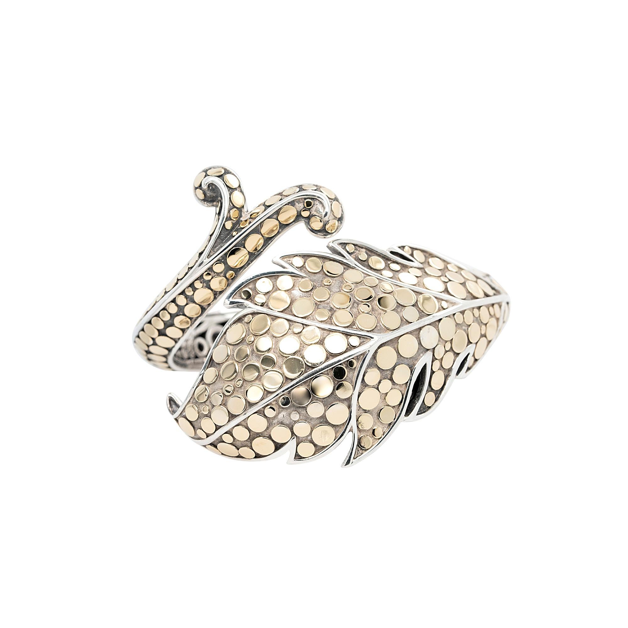 Breites 18 Karat Gelbgold und Sterlingsilber John Hardy Blatt Silber-Armband 1