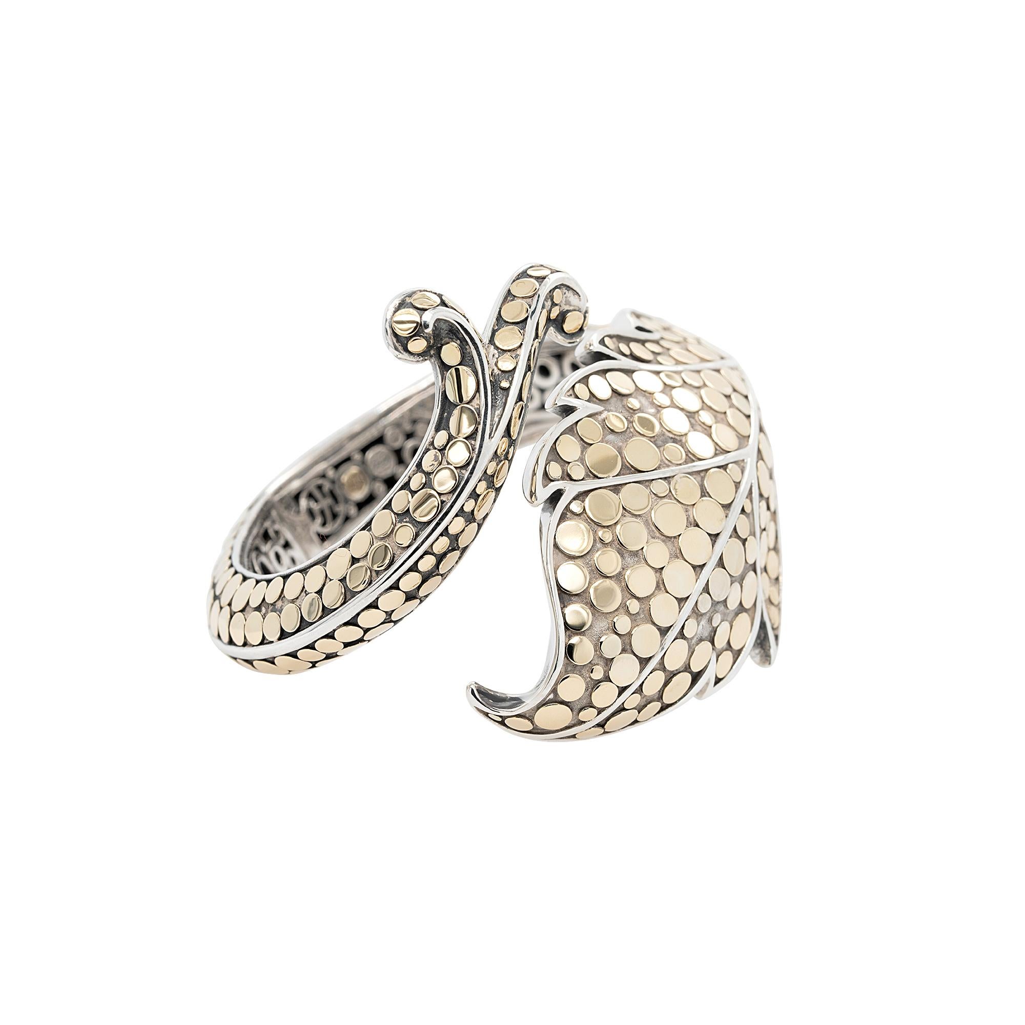 Breites 18 Karat Gelbgold und Sterlingsilber John Hardy Blatt Silber-Armband 3