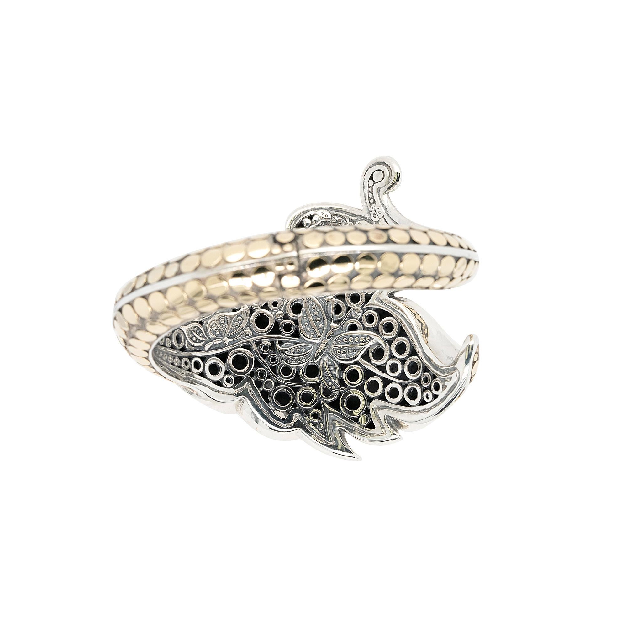 Breites 18 Karat Gelbgold und Sterlingsilber John Hardy Blatt Silber-Armband 4