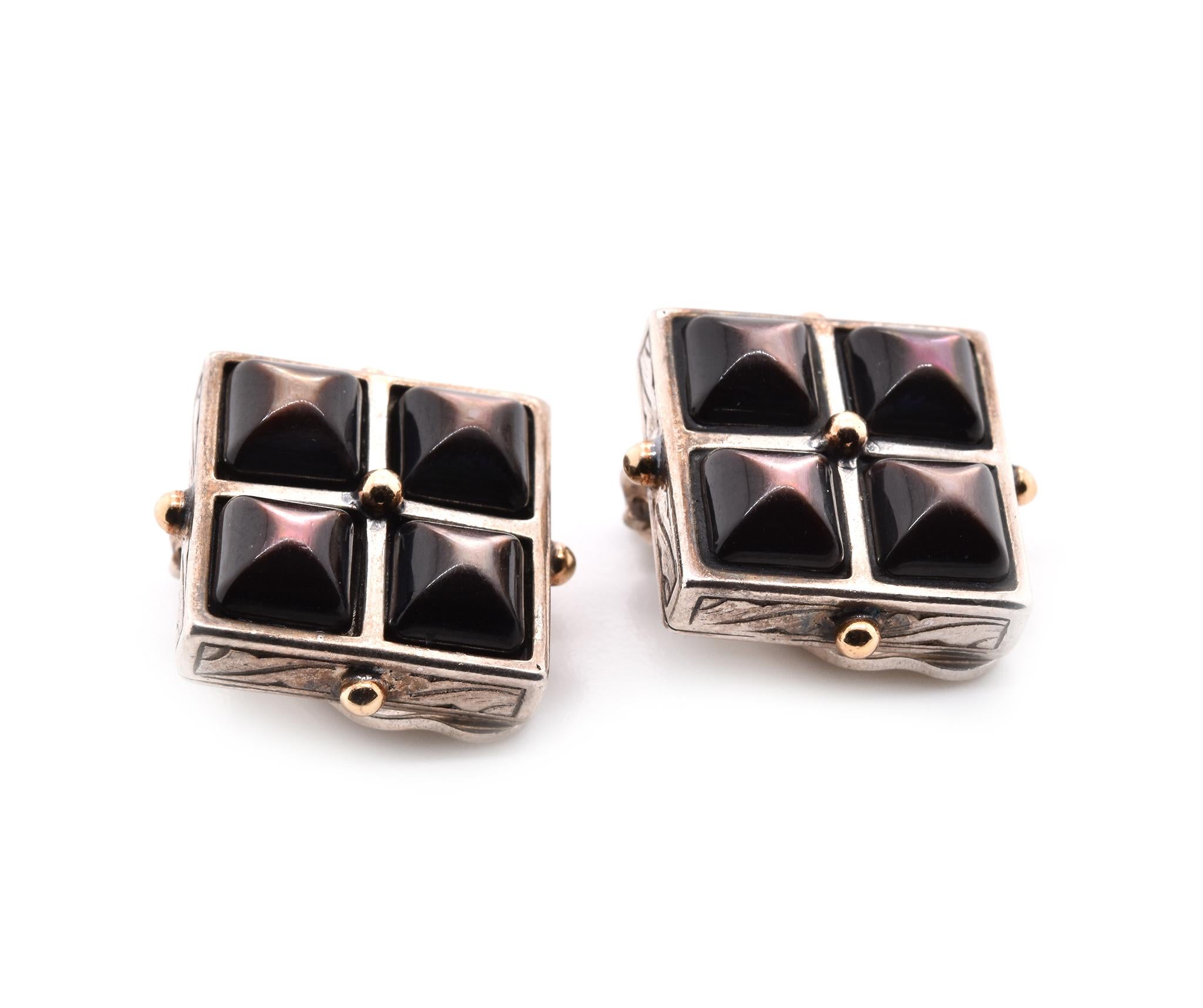 Designer: Stephen Dweck
Material: 18k yellow gold and sterling silver
Gemstone: brown Mother-of-Pearl
Dimensions: earrings measure 17.90mm x 17.90mm
Weight: 11.7 grams
