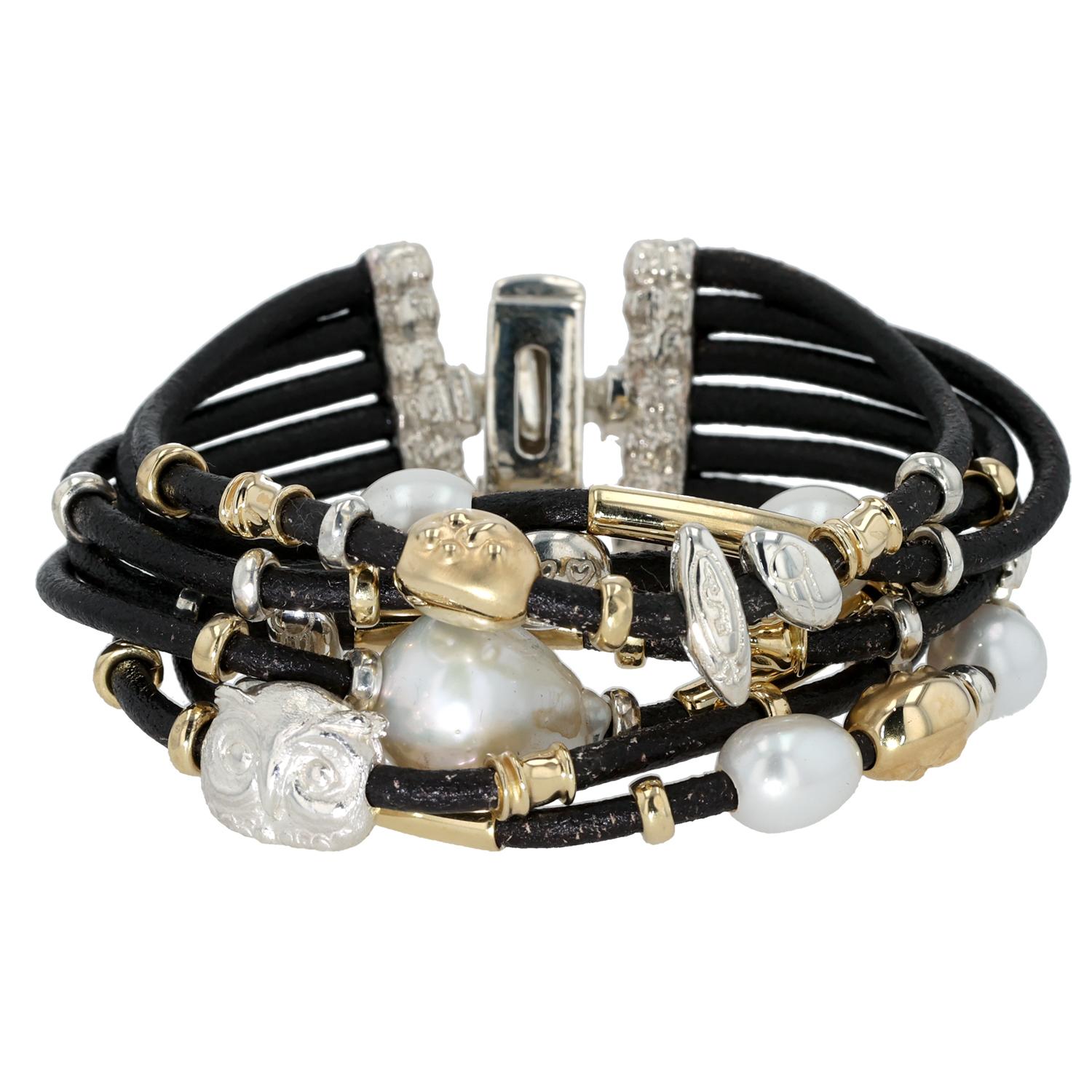 Uncut 18K Yellow Gold and Sterling Silver Seven-Strand Bracelet with Freshwater Pearls For Sale