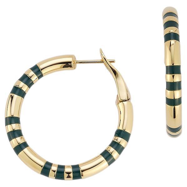 18k Yellow Gold and Teal Enamel Hoop Earrings