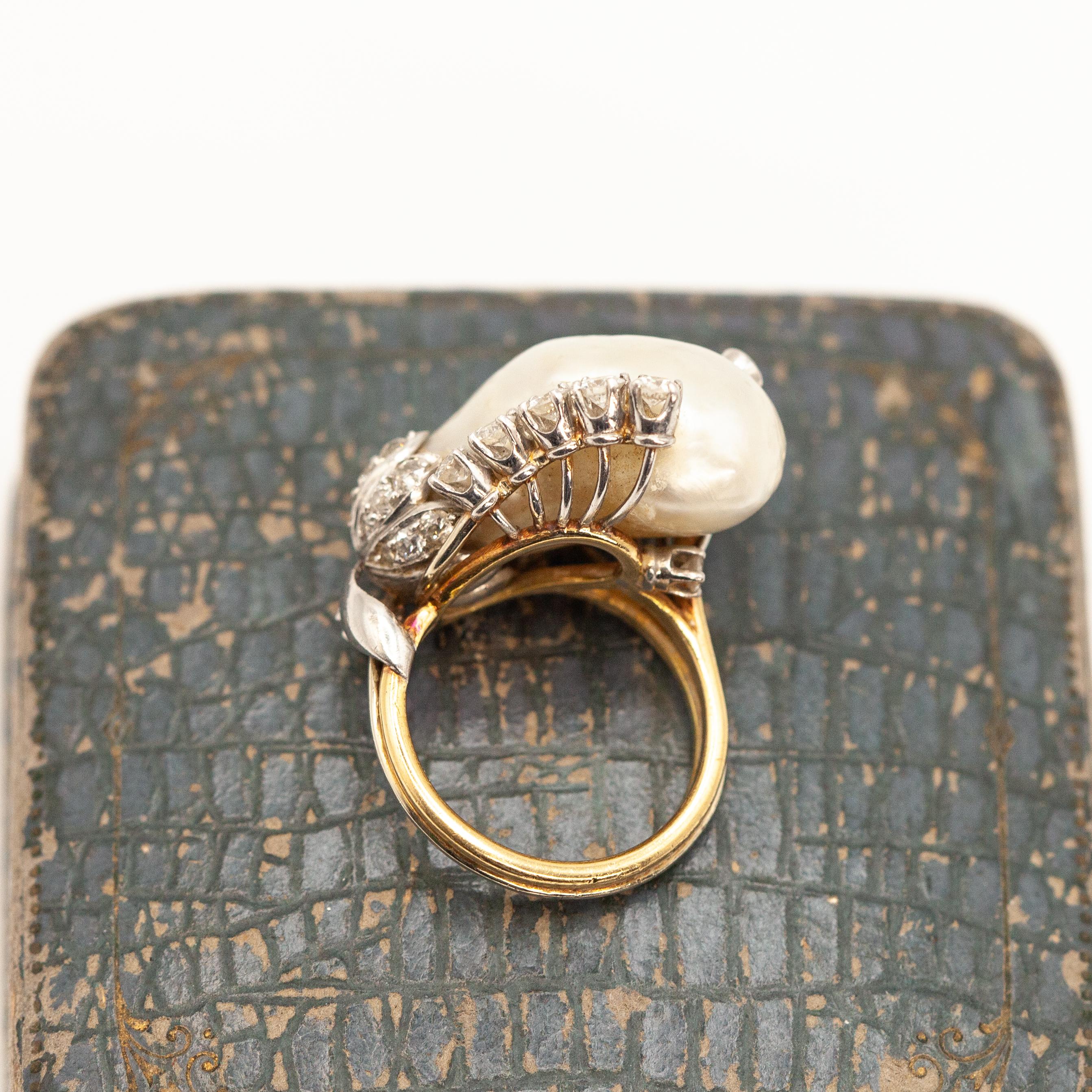 18K YG and WG GIA Certified Natural Pearl Diamond Ring For Sale 4