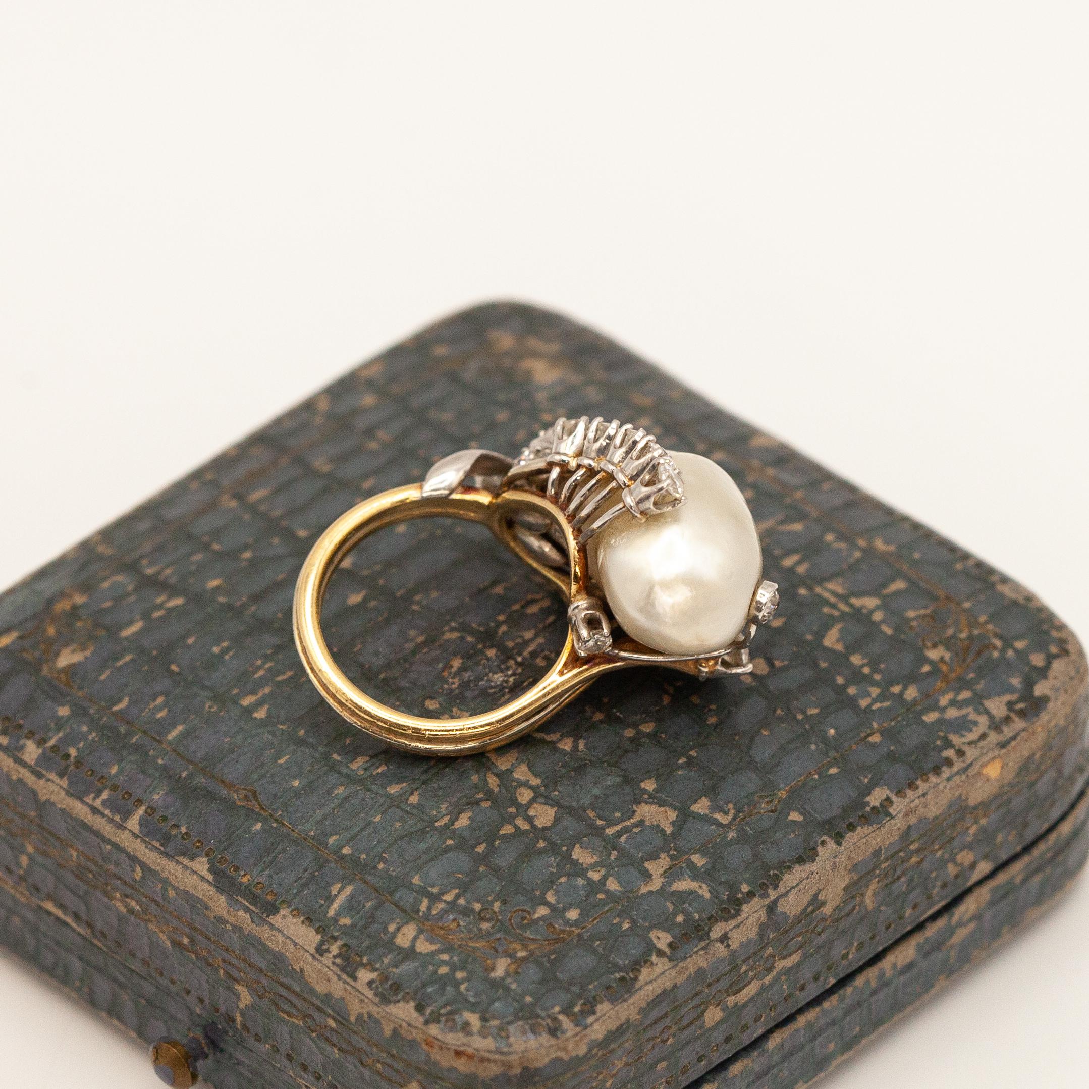 18K YG and WG GIA Certified Natural Pearl Diamond Ring For Sale 5
