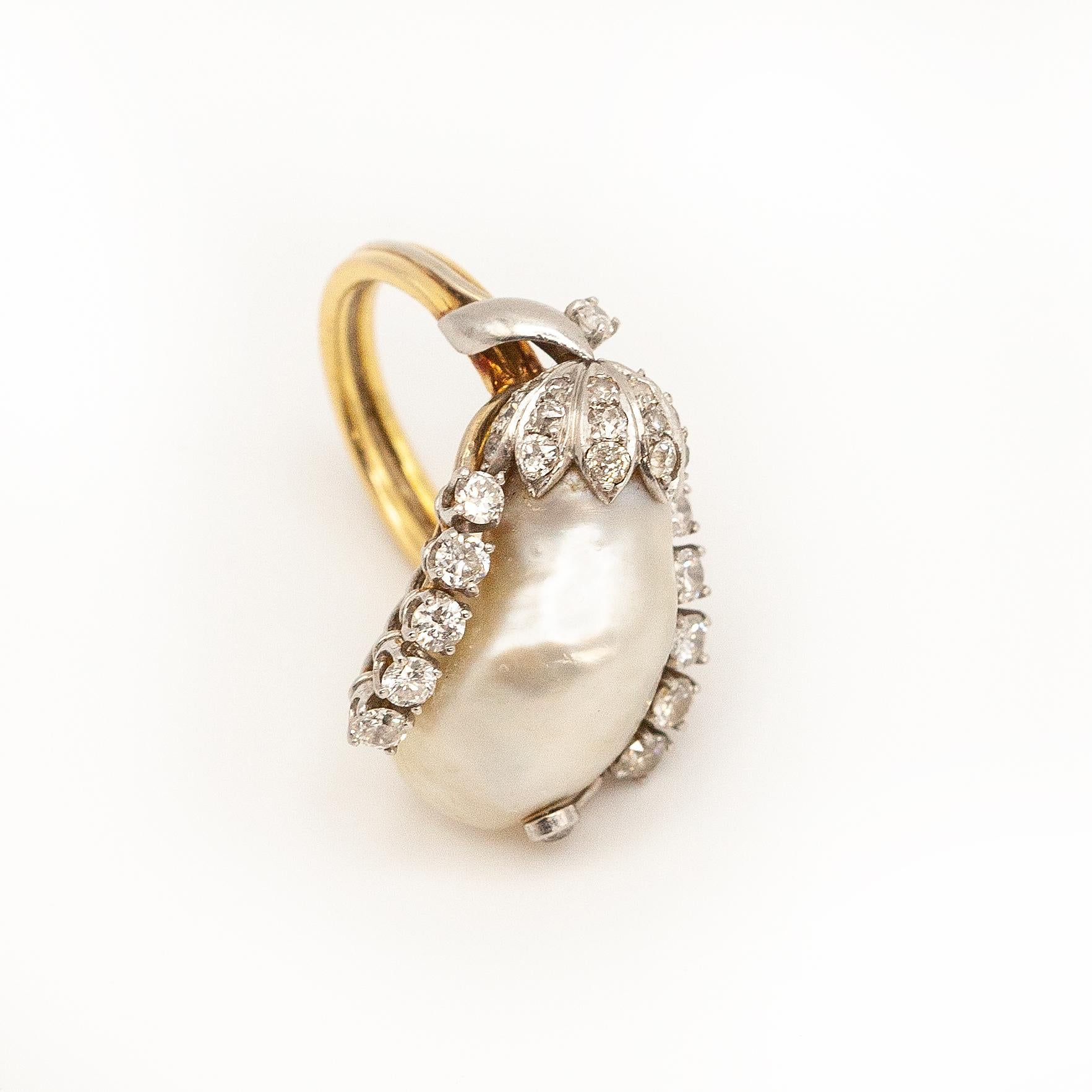 18K YG and WG GIA Certified Natural Pearl Diamond Ring For Sale 7