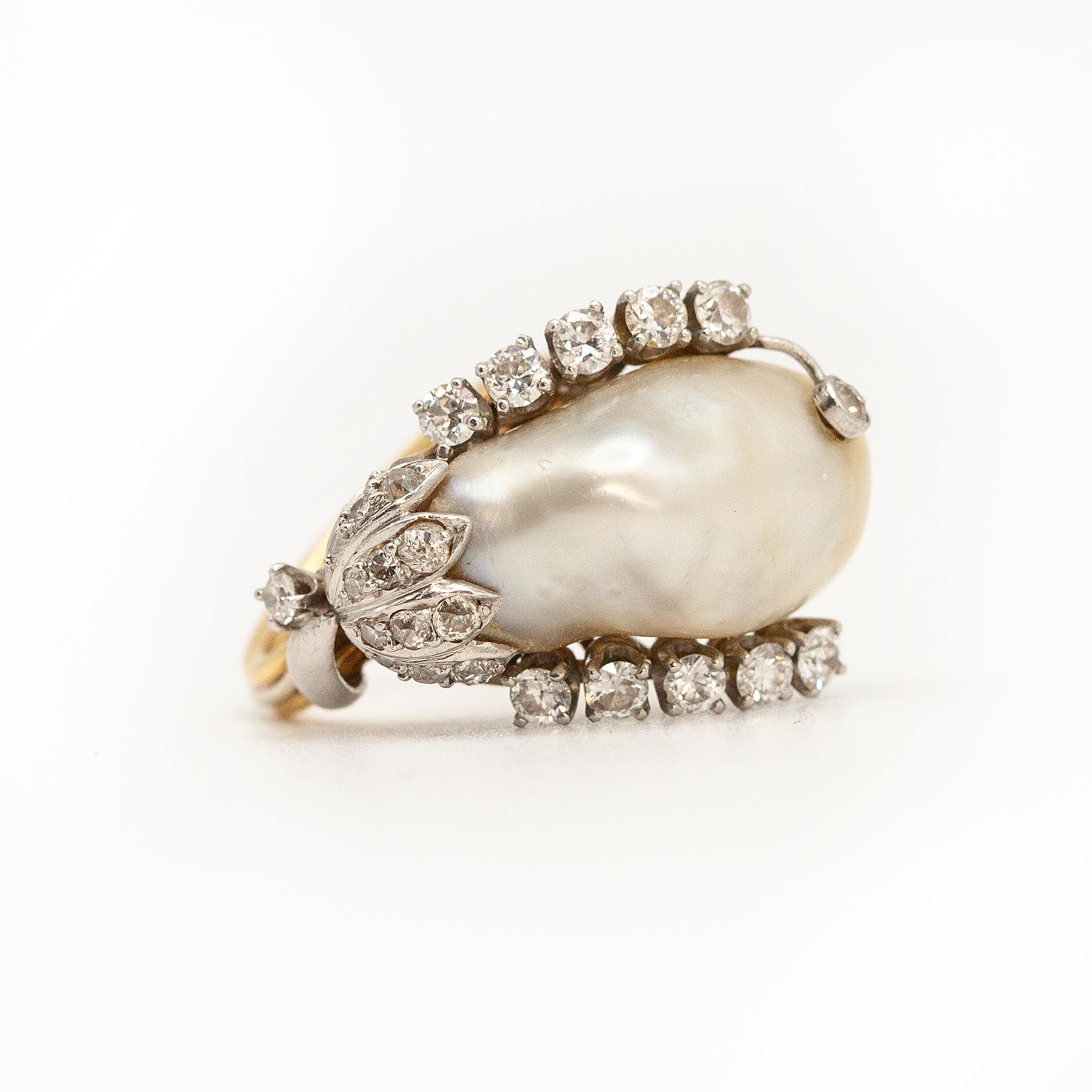 18K YG and WG GIA Certified Natural Pearl Diamond Ring For Sale 8