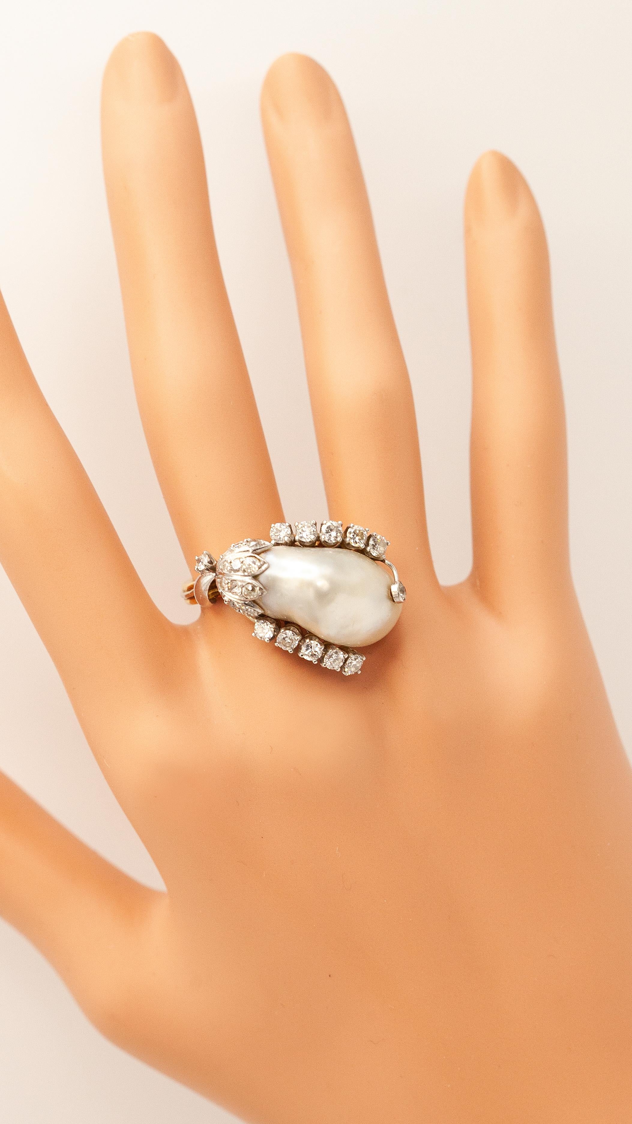 Modern 18K YG and WG GIA Certified Natural Pearl Diamond Ring For Sale