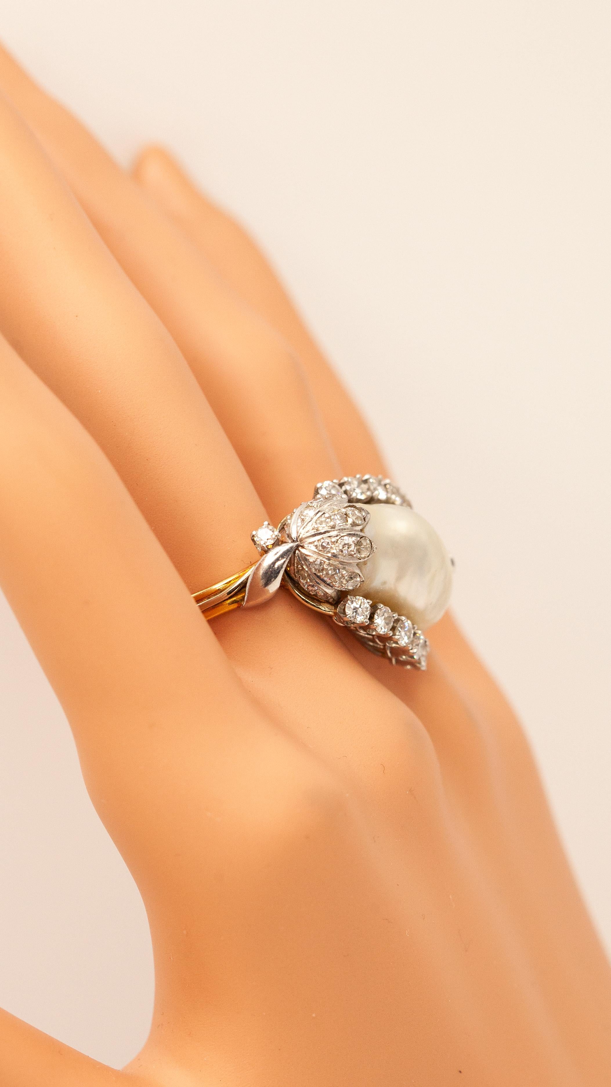 Old European Cut 18K YG and WG GIA Certified Natural Pearl Diamond Ring For Sale