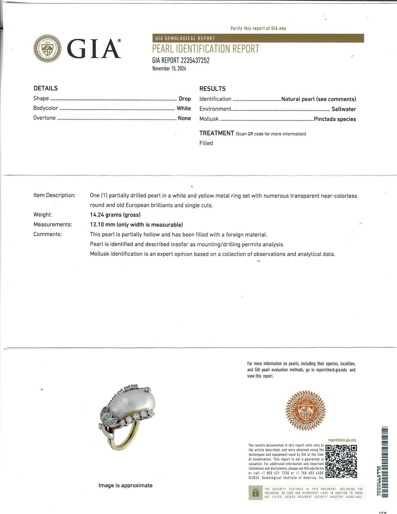 18K YG and WG GIA Certified Natural Pearl Diamond Ring In Excellent Condition For Sale In New York, NY