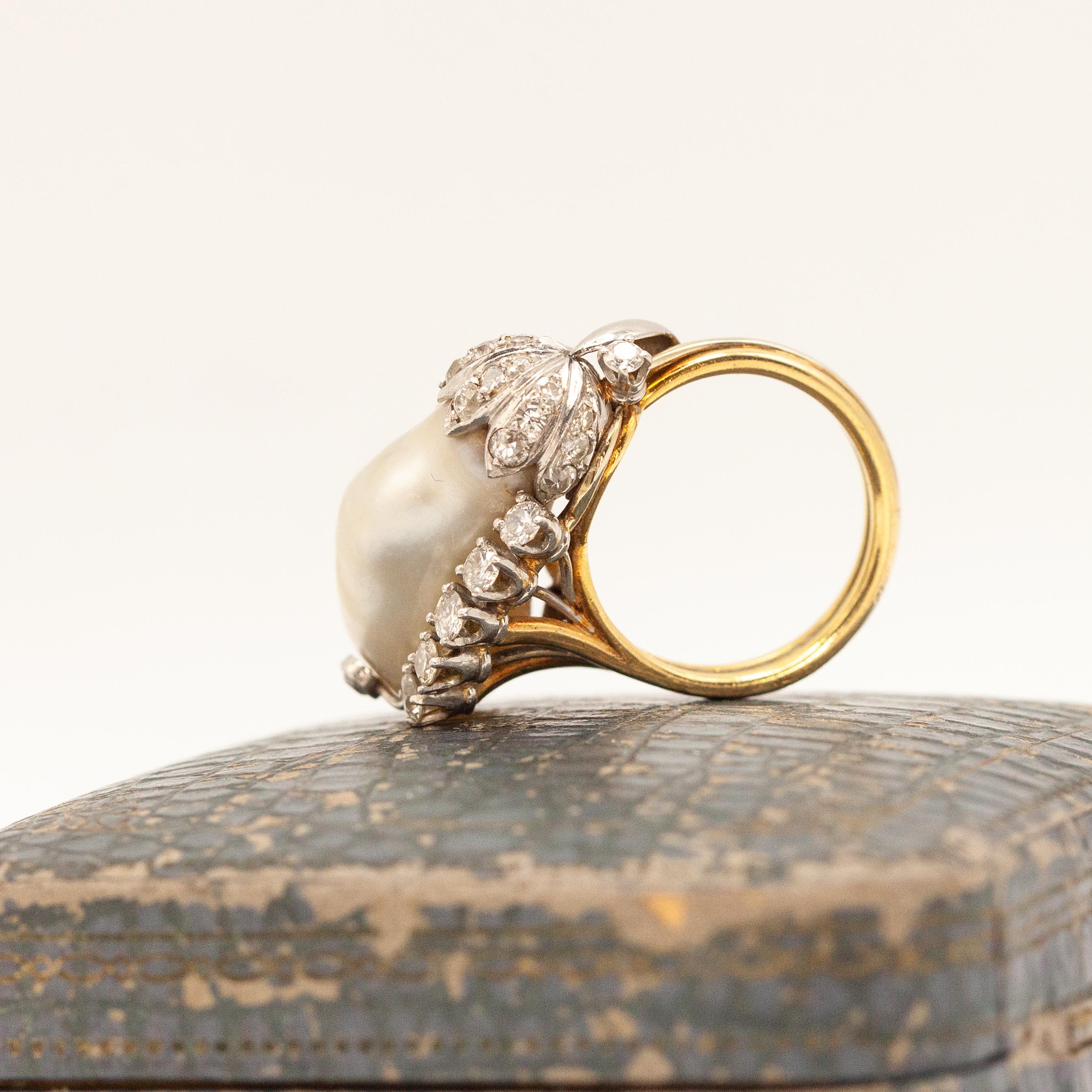 18K YG and WG GIA Certified Natural Pearl Diamond Ring For Sale 1