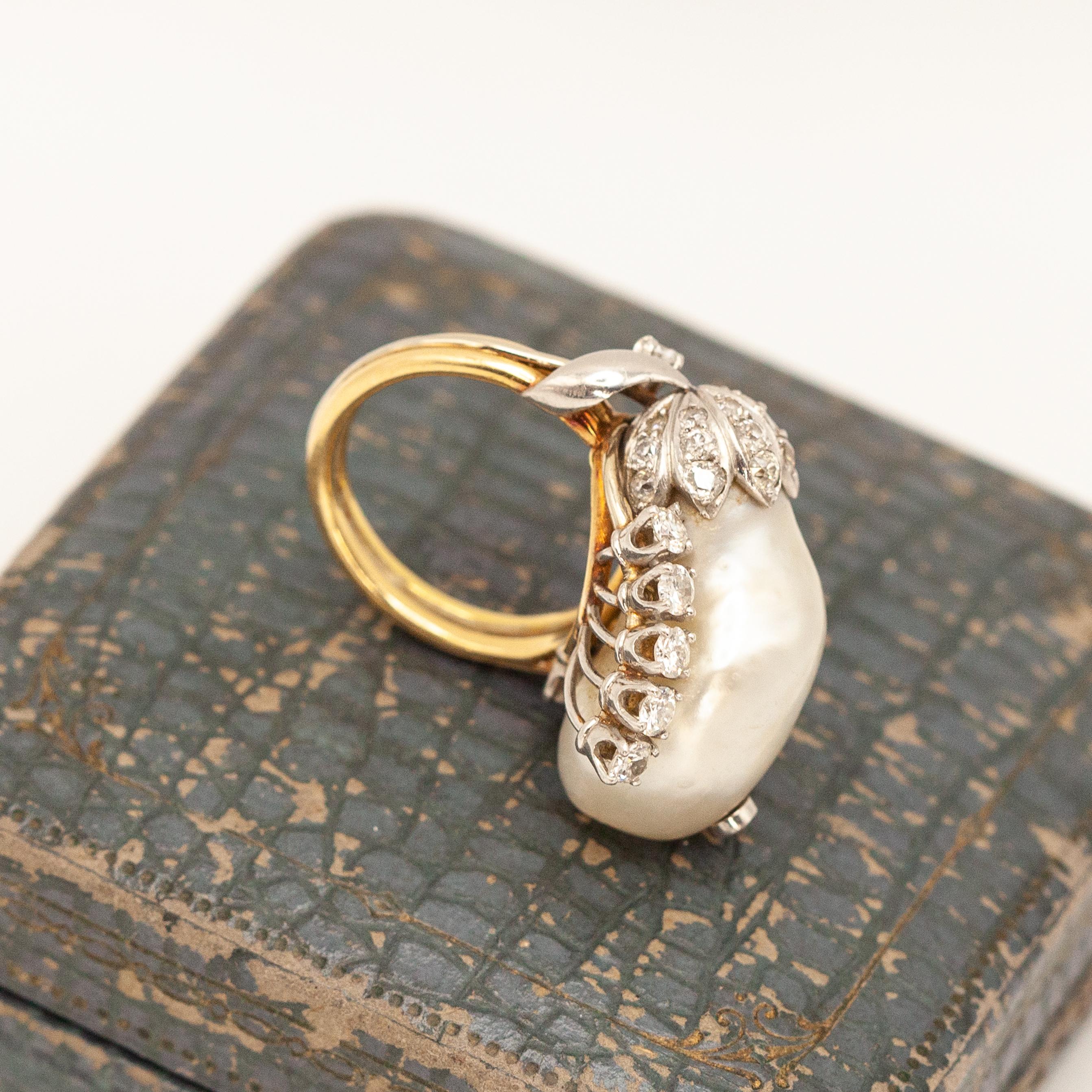 18K YG and WG GIA Certified Natural Pearl Diamond Ring For Sale 2
