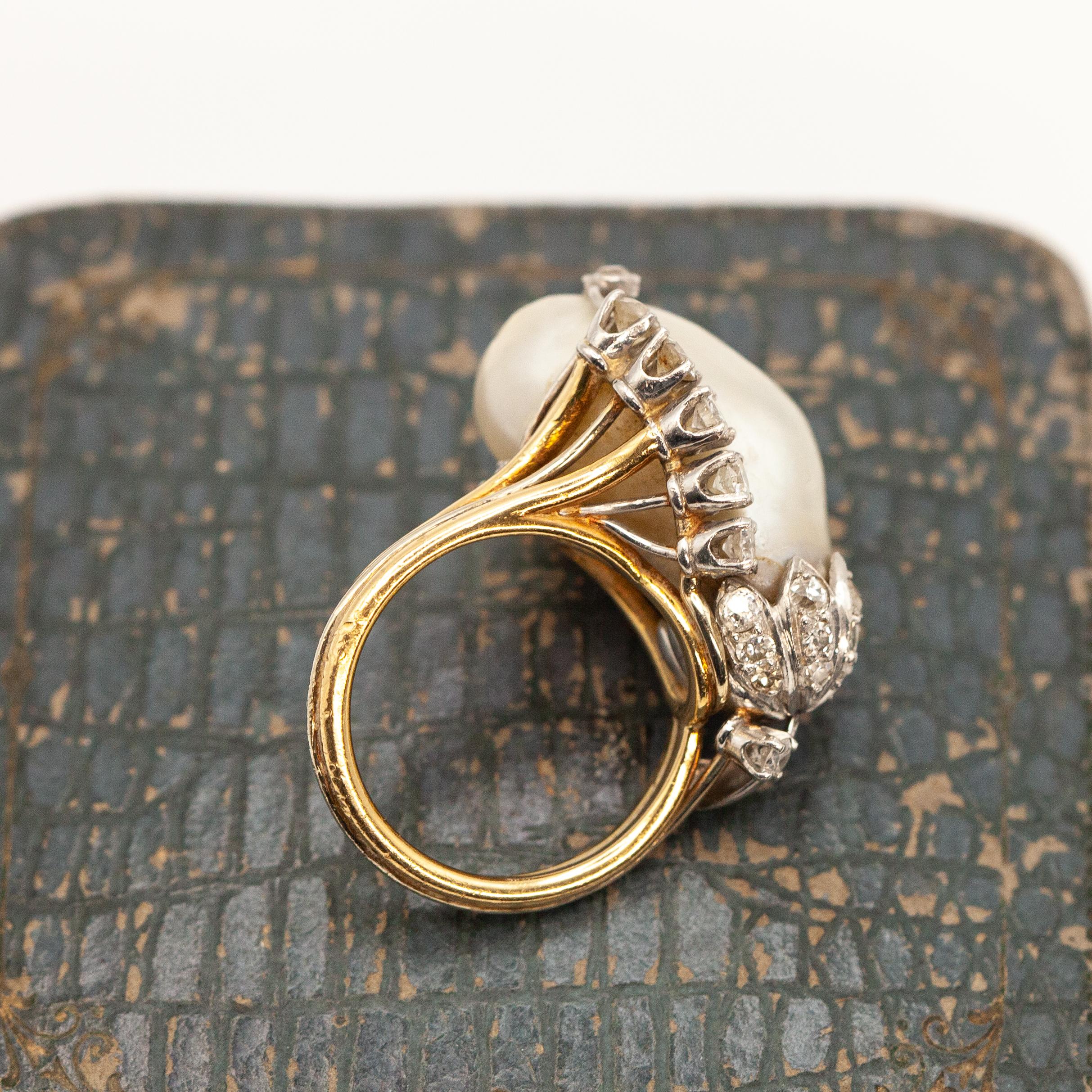 18K Yellow Gold and White Gold GIA Certified Natural Pearl diamond Ring en venta 3