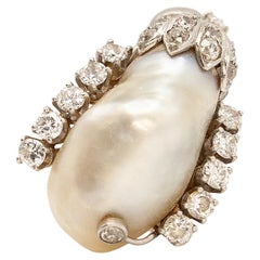 18K YG and WG GIA Certified Natural Pearl Diamond Ring