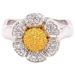 18k Yellow Gold and White Platinum Round Diamond Cts 0.30 Flower Engagement Ring