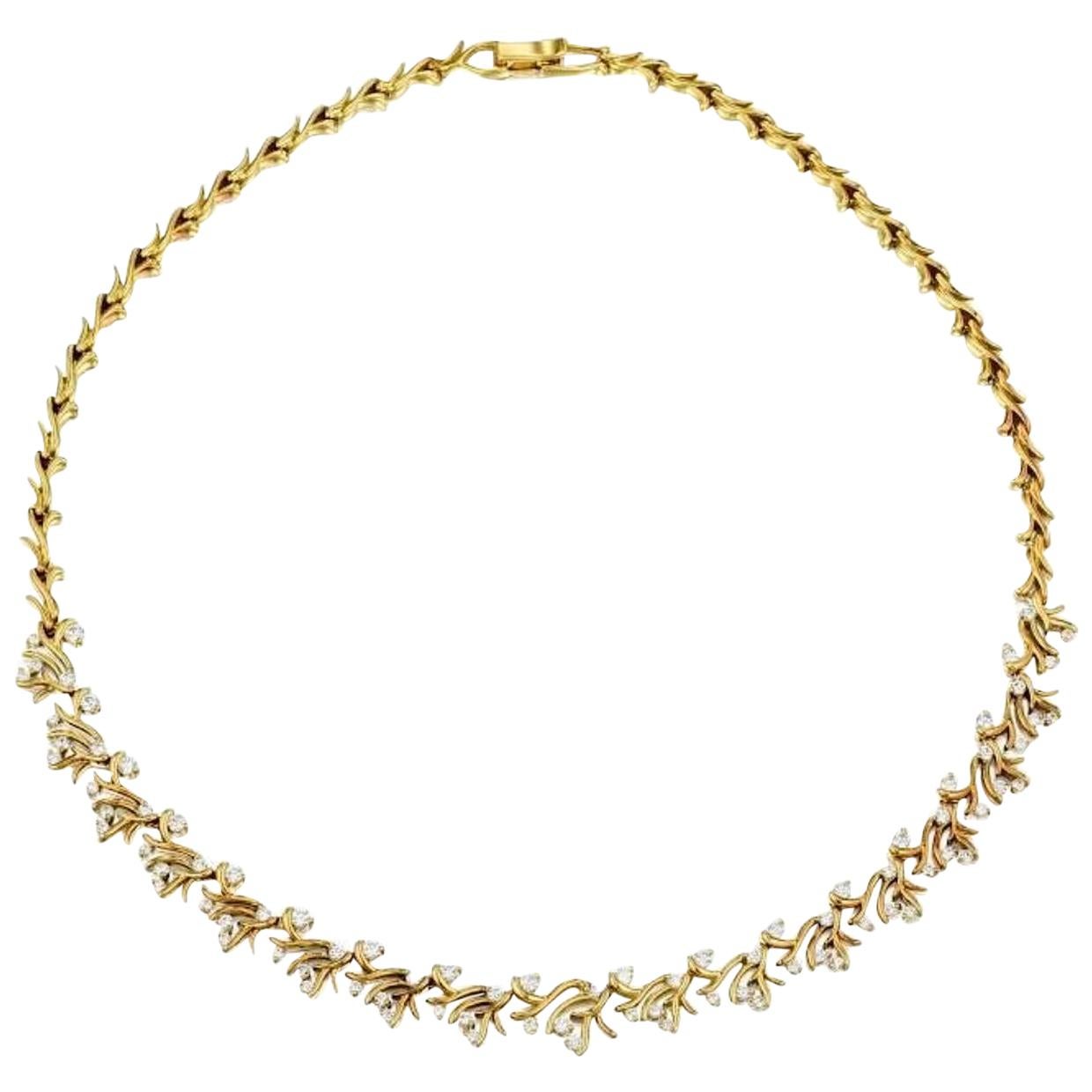 18k Yellow Gold and White Round Brilliant Cut Diamond Collar Necklace Jose Hess For Sale