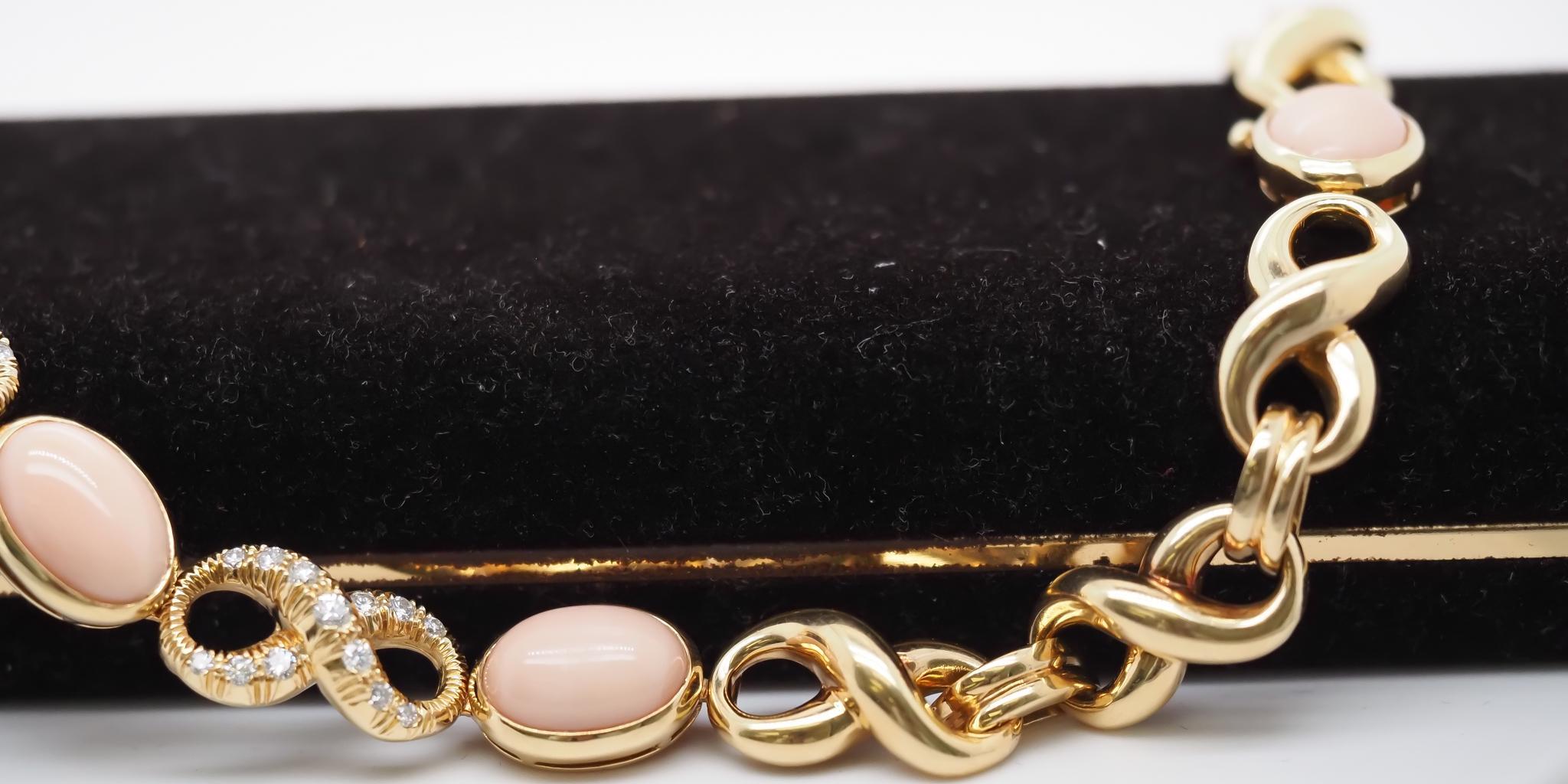 18K Yellow Gold Angel Skin Coral and Diamond Necklace For Sale 3