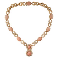 18K Yellow Gold Angel Skin Coral and Diamond Necklace