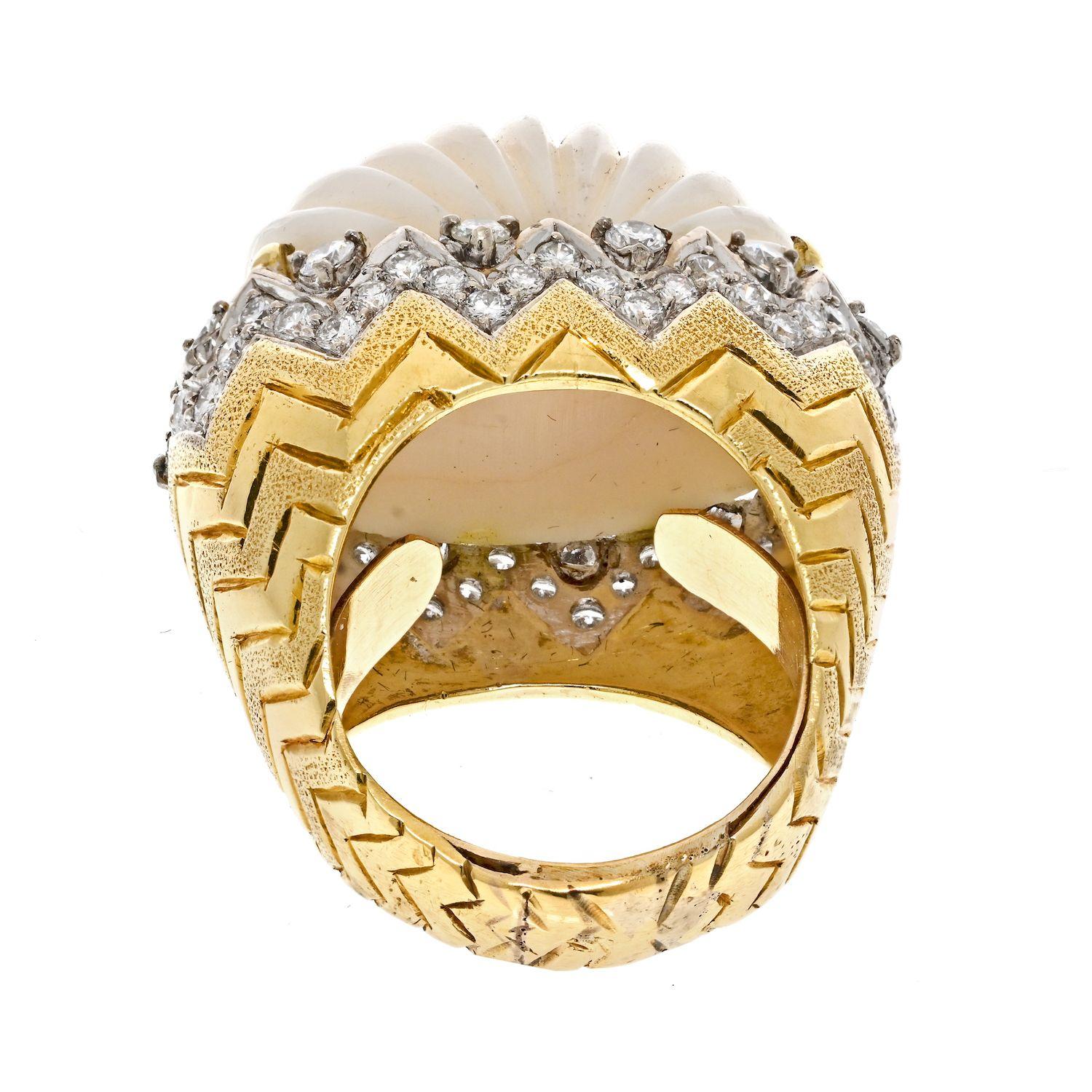 Round Cut 18K Yellow Gold Angel Skin Fluted Coral And Diamond Ring For Sale