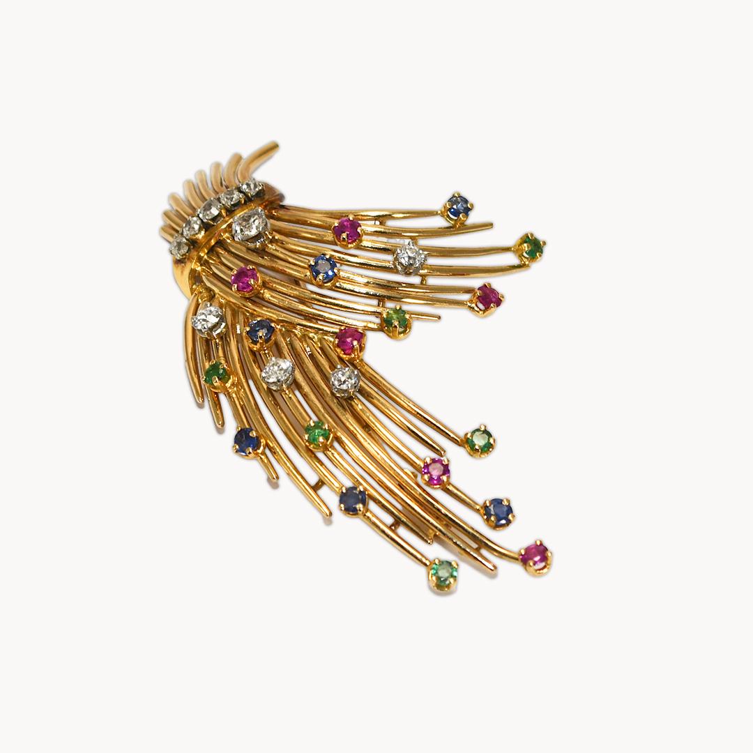 18K Yellow Gold Antique Brooch with Diamonds and Gemstones In Excellent Condition For Sale In Laguna Beach, CA