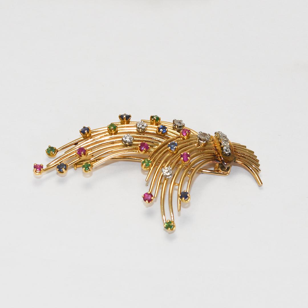 Women's or Men's 18K Yellow Gold Antique Brooch with Diamonds and Gemstones For Sale