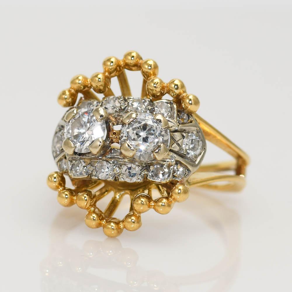 Round Cut 18K Yellow Gold Antique Diamond Ring 1.00ct For Sale