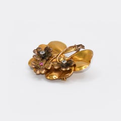 18k Yellow Gold Antique Floral Brooch/Pendant with Diamonds and Ruby, 7.2gr