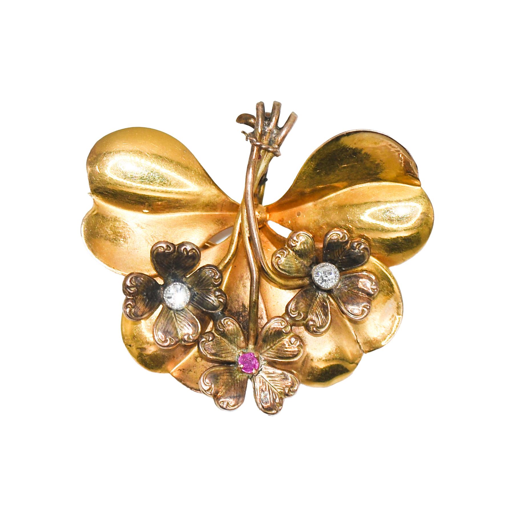 18k Yellow Gold Antique Floral Brooch/Pendant with Diamonds and Ruby, 7.2gr For Sale