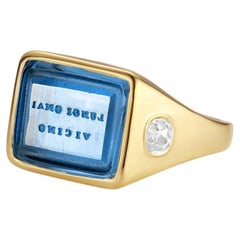 Anillo de sello antiguo de oro amarillo de 18 quilates con grabado en intaglio y diamantes