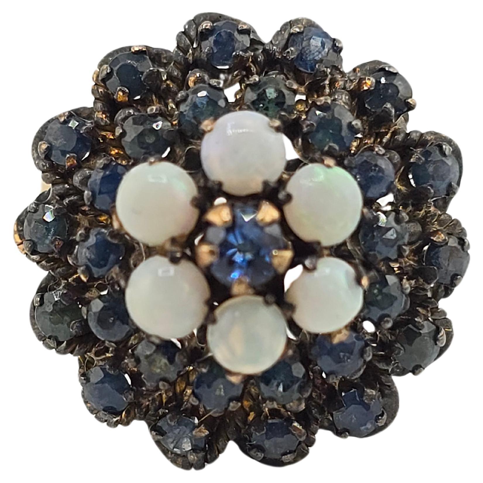 18K Yellow Gold Antique Sapphire & Opal Ring For Sale