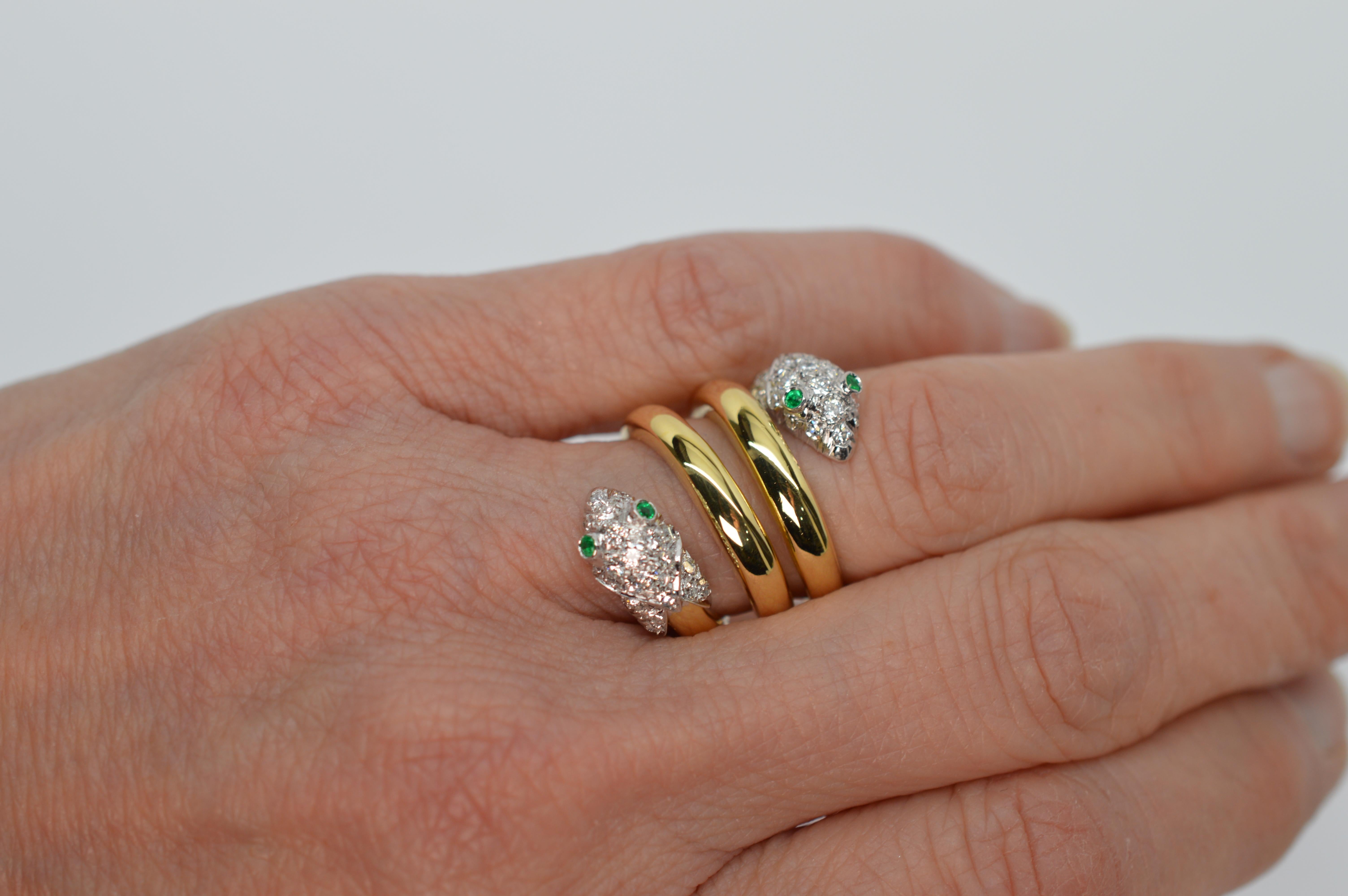 Women's 18 Karat Yellow Gold Antique Serpent Ring w Diamond Emerald Accents