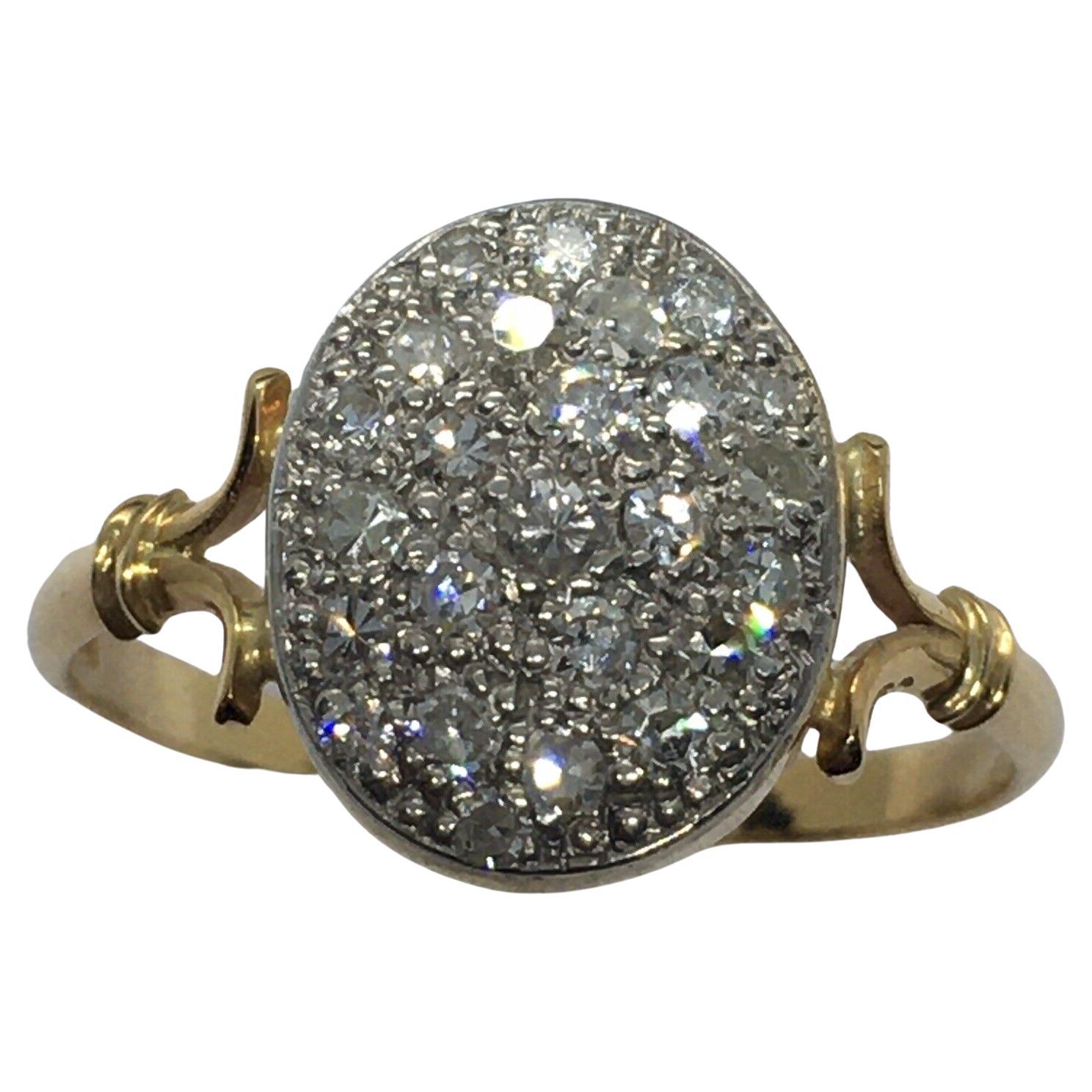 18 Karat Gelbgold Antikes Silber Top 1/2 Karat Diamant Pave Set Ring Größe 7,5 im Angebot