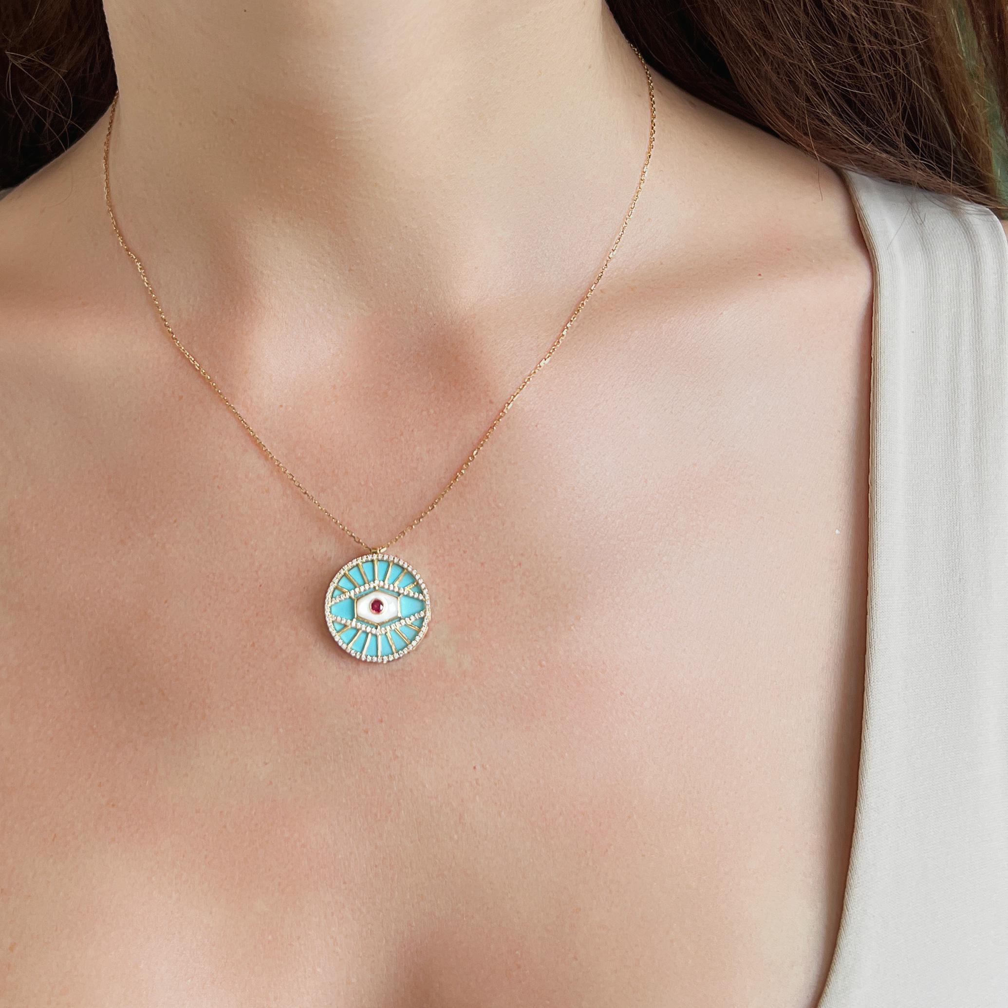 18K Yellow Gold Aqua Blue Evil Eye Diamond Pendant Necklace with Turquoise
Length: 16.5