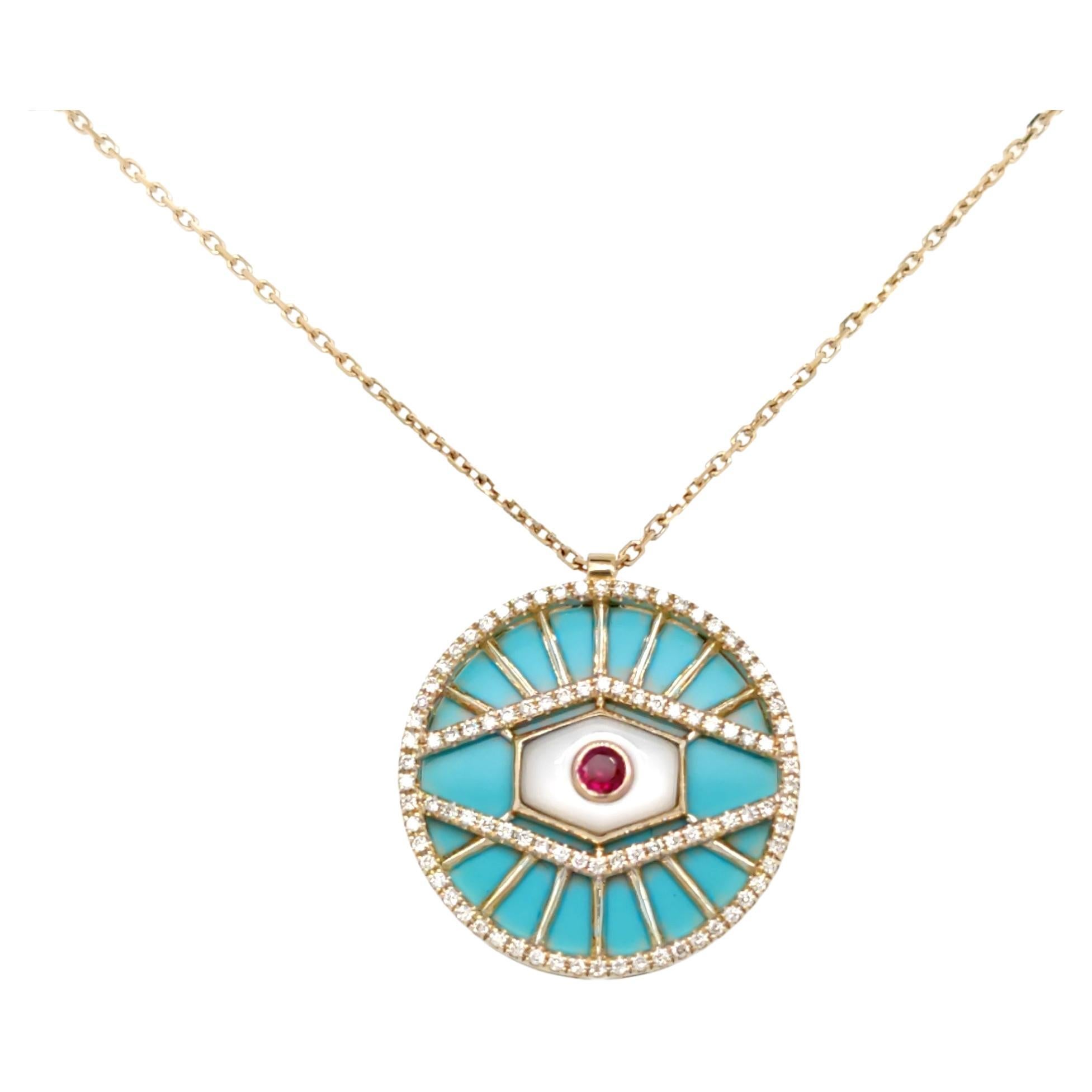 18 Karat Gelbgold Aqua Blau Evil Eye Diamant-Anhänger-Halskette mit Türkis