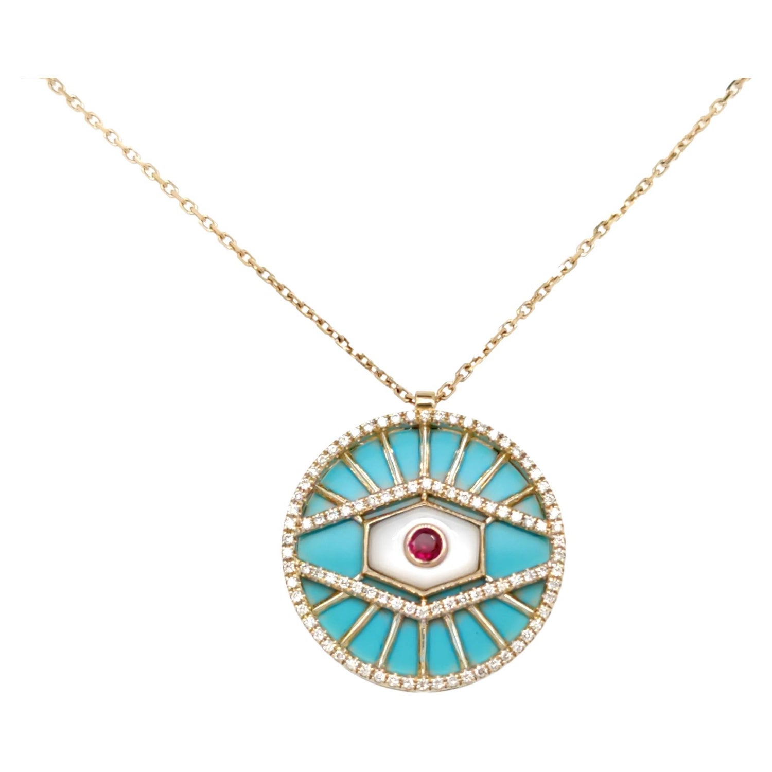 Diamond and Turquoise 18k Yellow Gold Evil Eye Pendant Necklace at 1stDibs