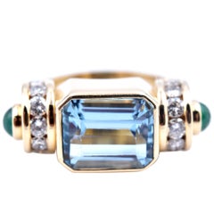 18 Karat Yellow Gold Aquamarine, Diamond and Cabochon Emerald Ring