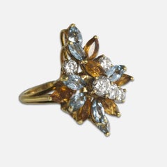 18K Yellow Gold Aquamarine, Golden Beryl, and Diamond Cocktail Ring