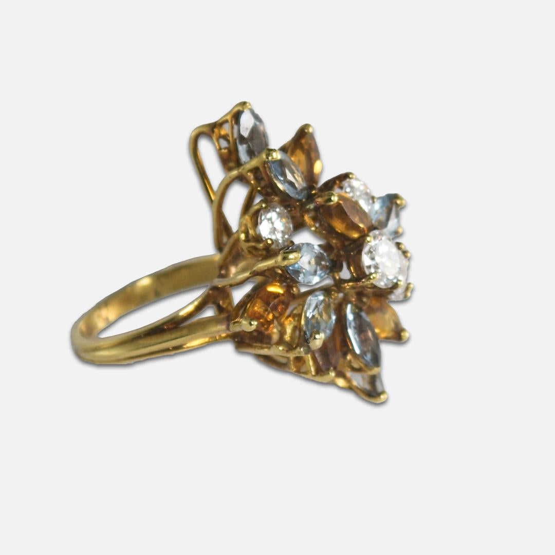 Marquise Cut 18K Yellow Gold Aquamarine, Golden Beryl, and Diamond Cocktail Ring For Sale