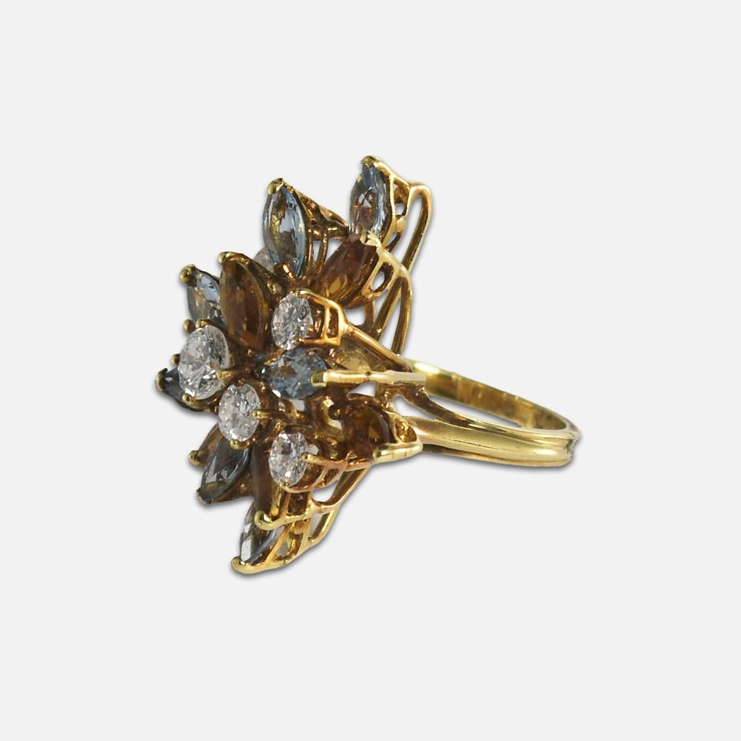 18K Yellow Gold Aquamarine, Golden Beryl, and Diamond Cocktail Ring For Sale 1