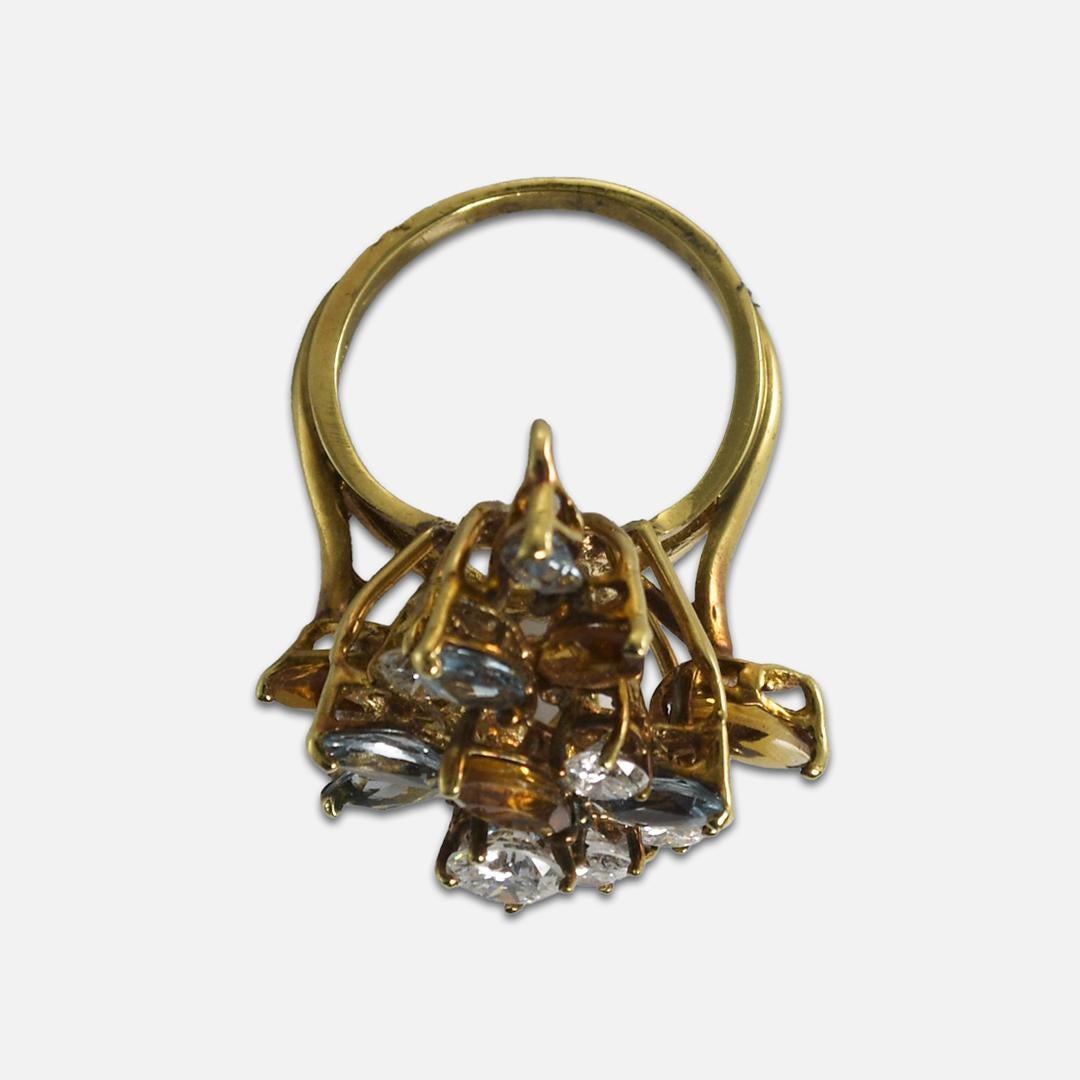 18K Yellow Gold Aquamarine, Golden Beryl, and Diamond Cocktail Ring For Sale 2