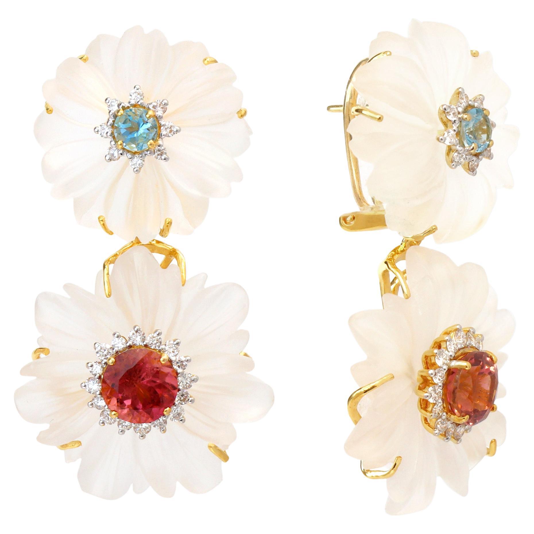 Orecchini in oro giallo 18k con cristalli di acquamarina e tormalina e diamanti in vendita